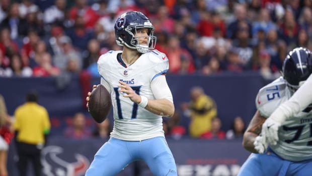 Dec 31, 2023; Houston, Texas, USA; Tennessee Titans quarterback Ryan Tannehill (17) looks for an open receiver during the fourth quarter against the Houston Texans at NRG Stadium. Mandatory Credit: Troy Taormina-USA TODAY Sports